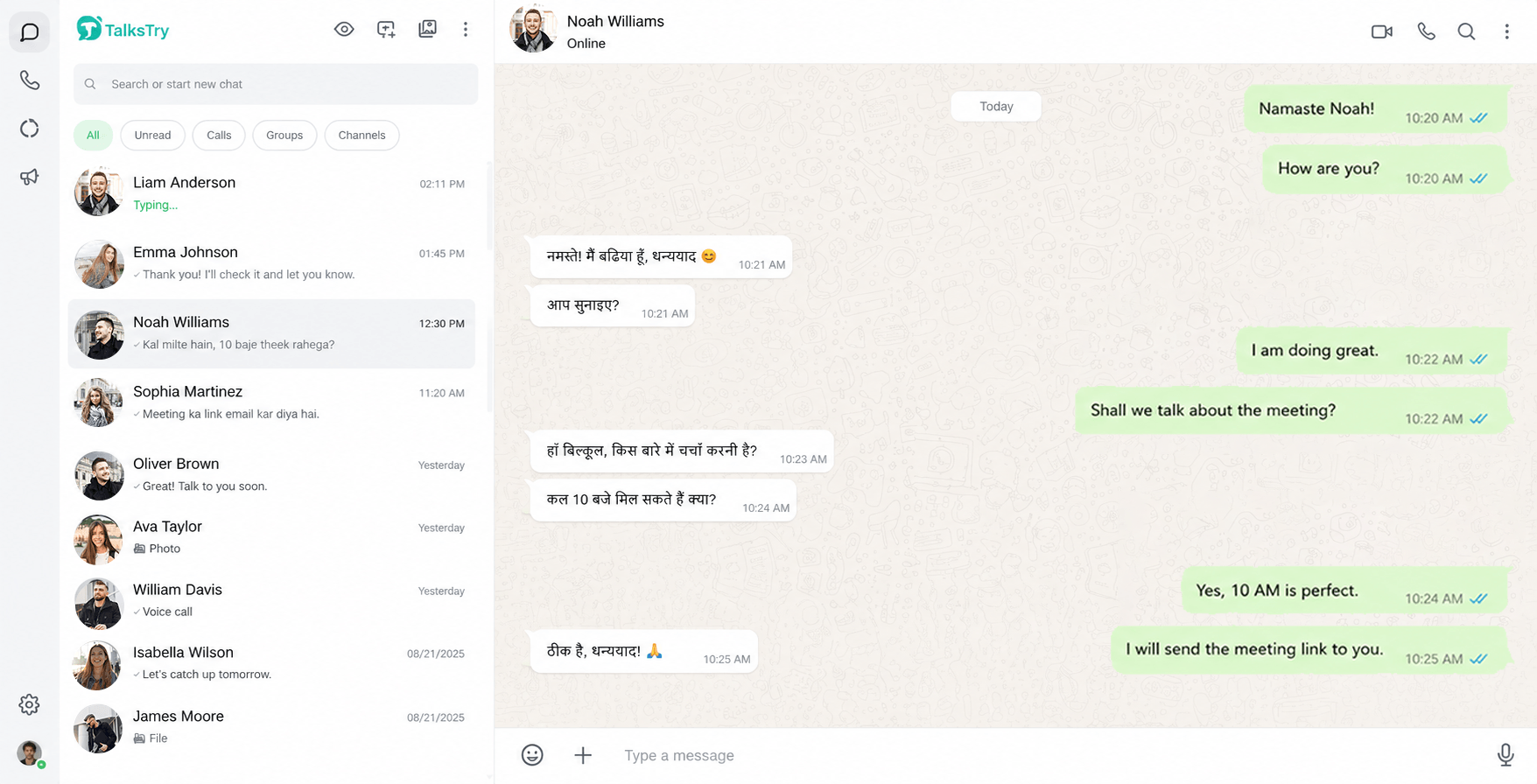 TalksTry conversation with Noah Williams, incoming messages automatically translated into Hindi