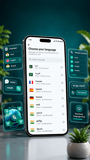 Talkstry app language selection shortcut for messaging and calls.