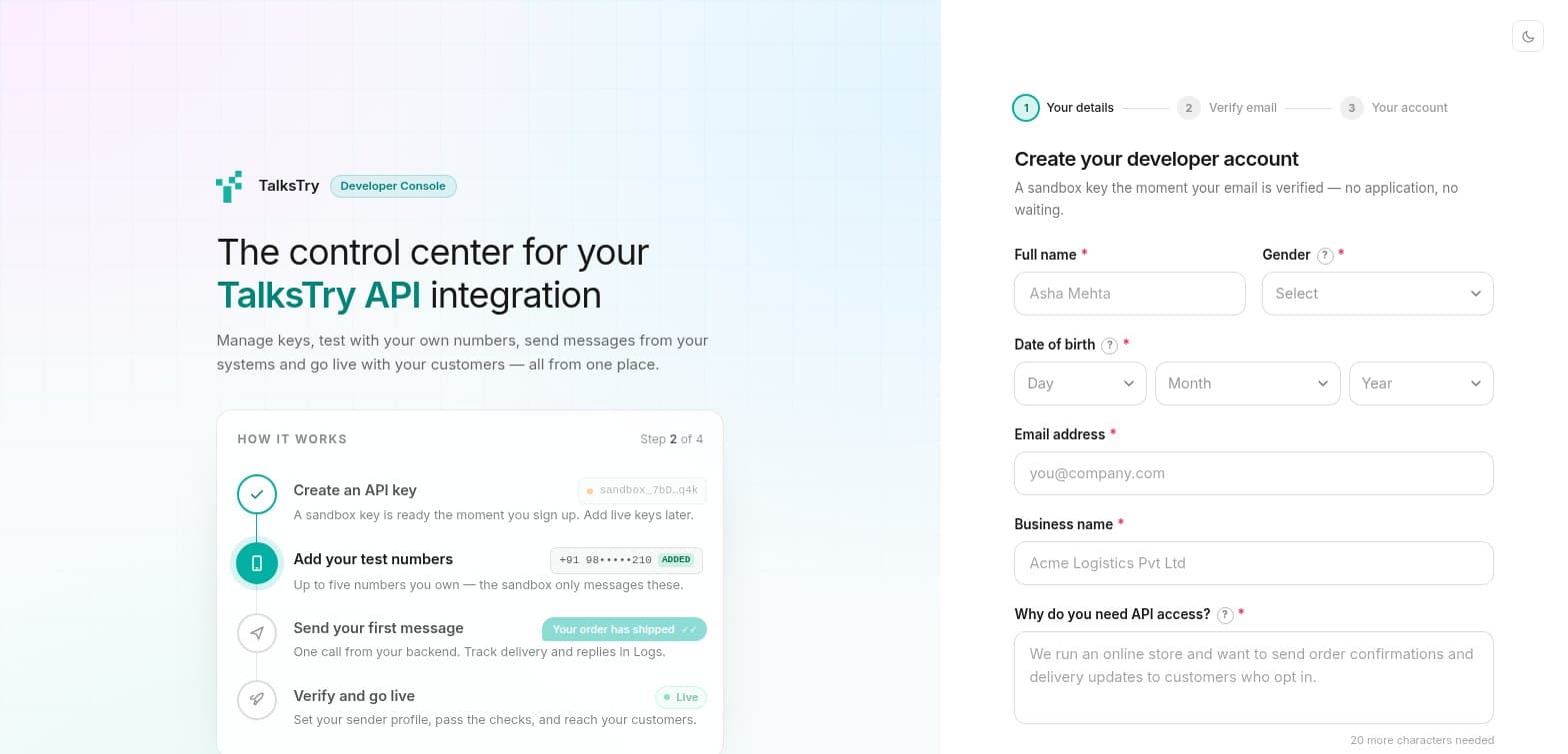 Developer console → Create new account. Your details, then the one-time code sent to your email, then your sign-in details and sandbox key.
