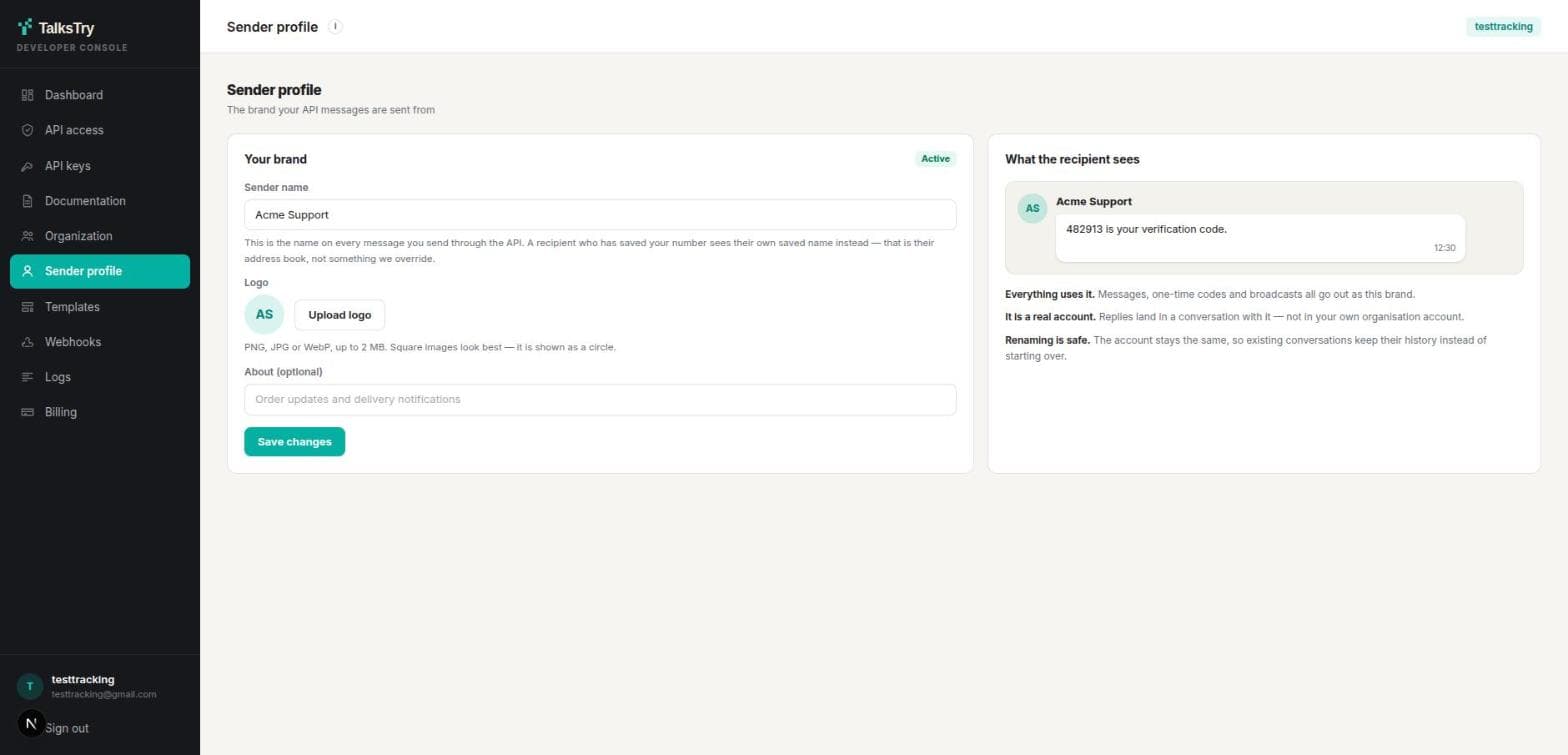 Developer console → Sender profile. The name and logo here are what every recipient sees, and the panel on the right previews it.