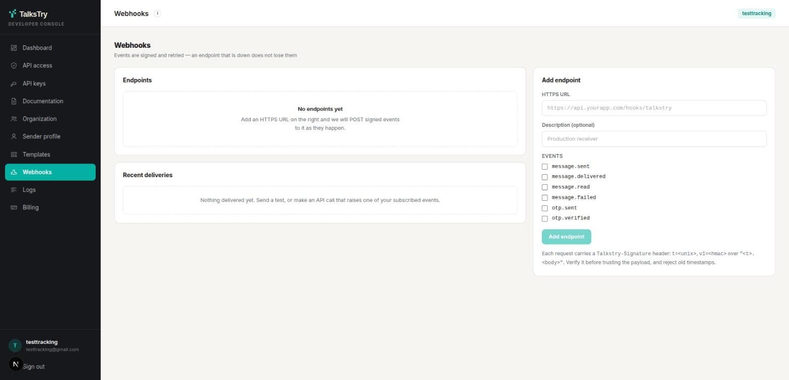 Developer console → Webhooks. Add an HTTPS URL, pick the events you care about, and keep the signing secret it gives you.