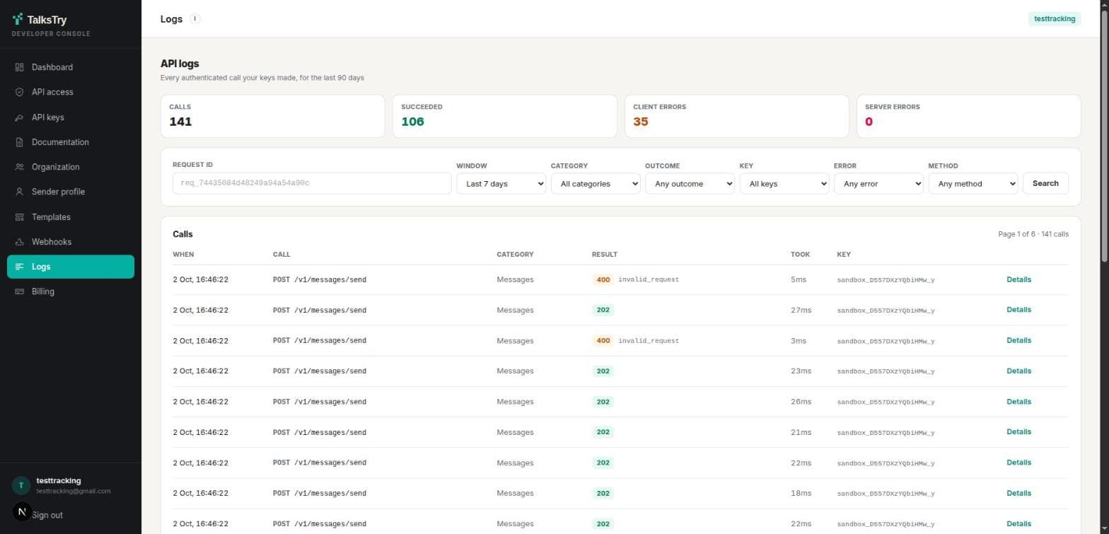 Developer console → Logs. Every authenticated call for 90 days, filterable by window, category, outcome, key and error code.