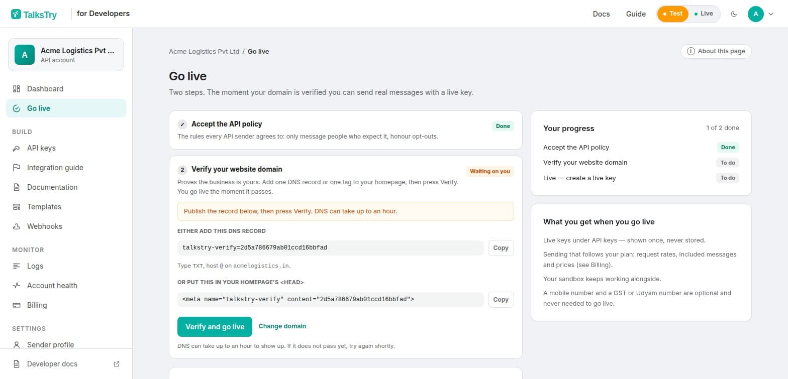 Developer console → Go live. Accept the policy, then publish the DNS record (or file, or meta tag) and press Verify.