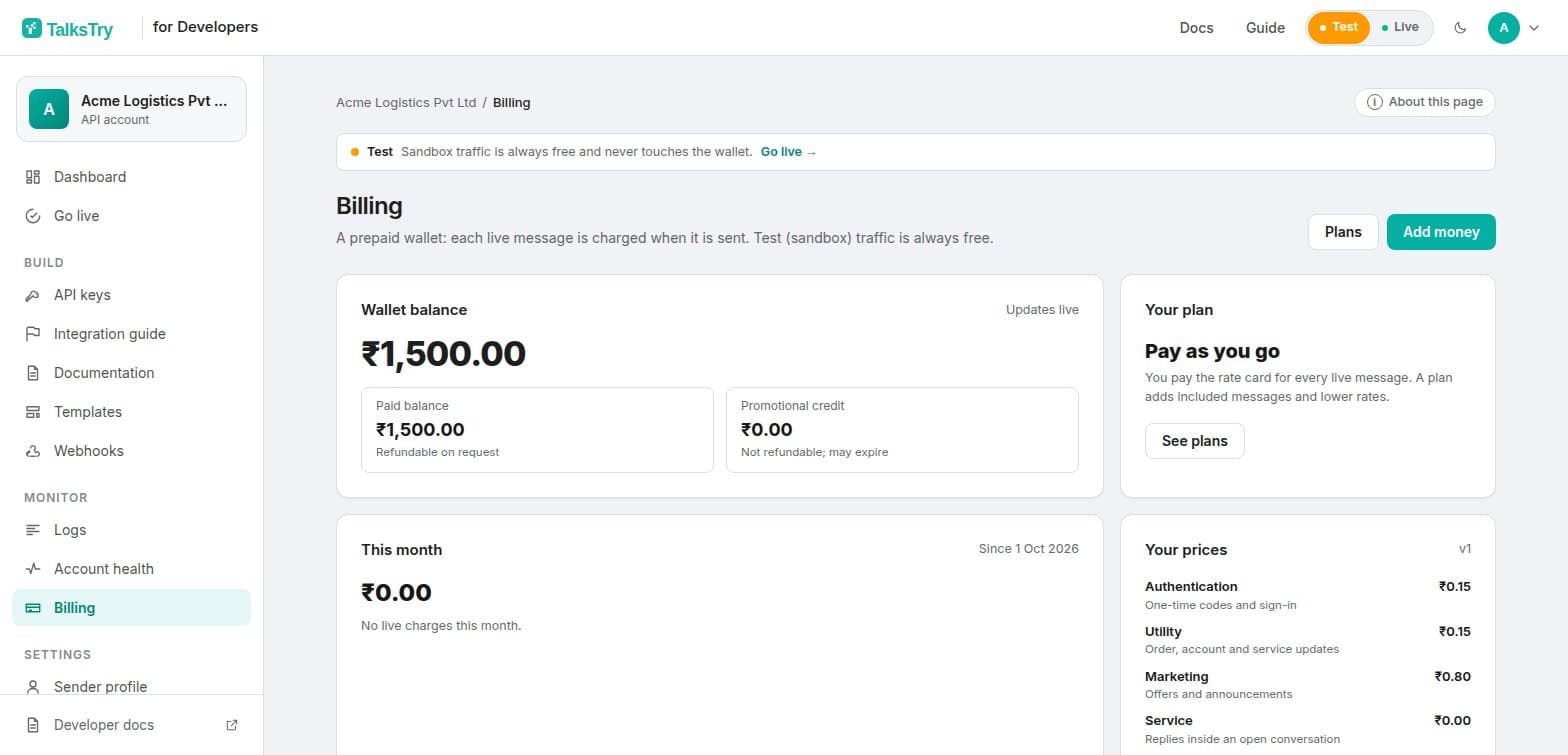 Developer console → Billing. Your wallet, plan and prices — add money here and the balance updates live.
