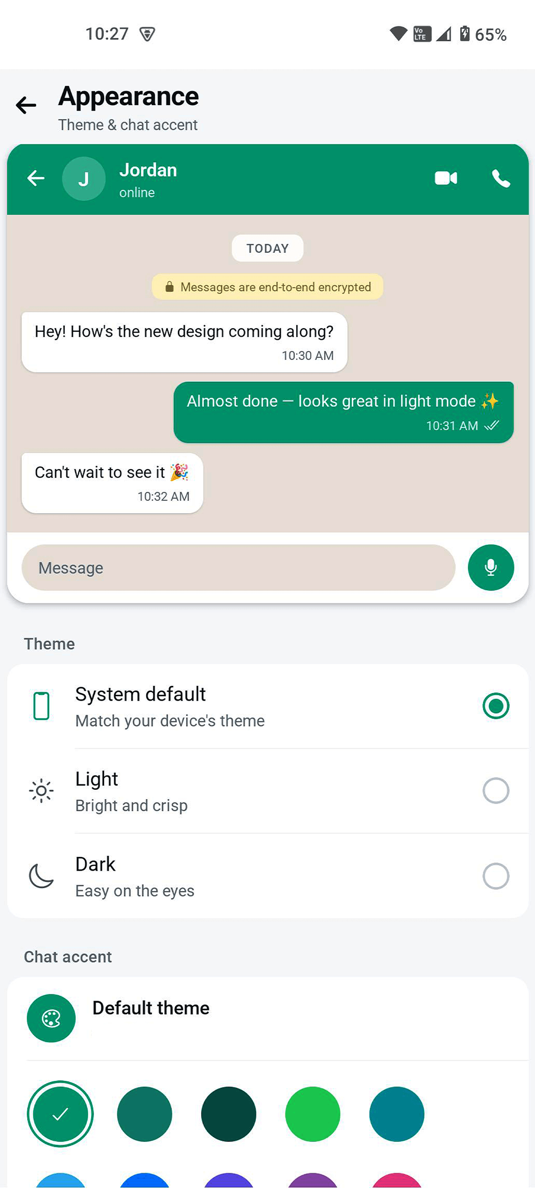 TalksTry appearance settings with theme and chat accent color options
