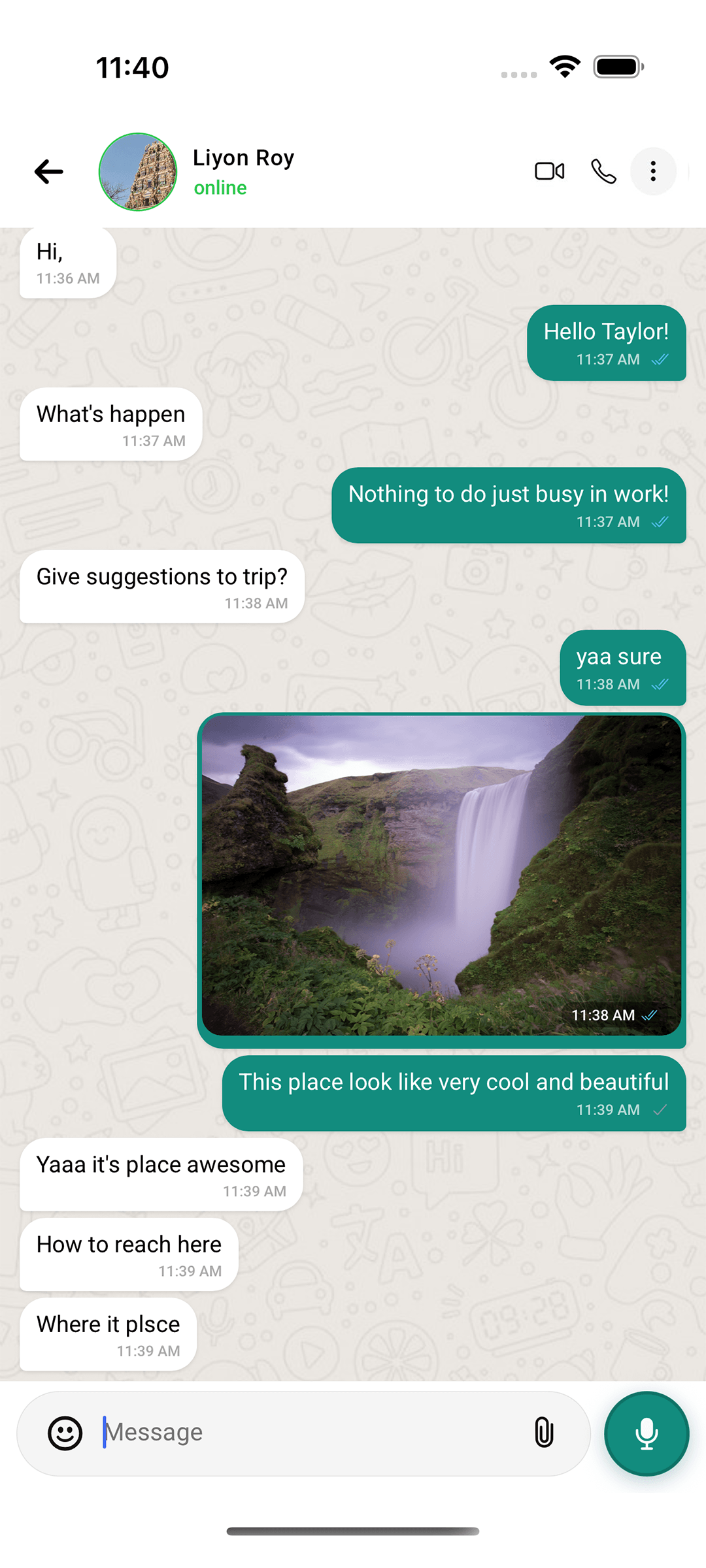 TalksTry chat with a shared photo and a voice note ready to send