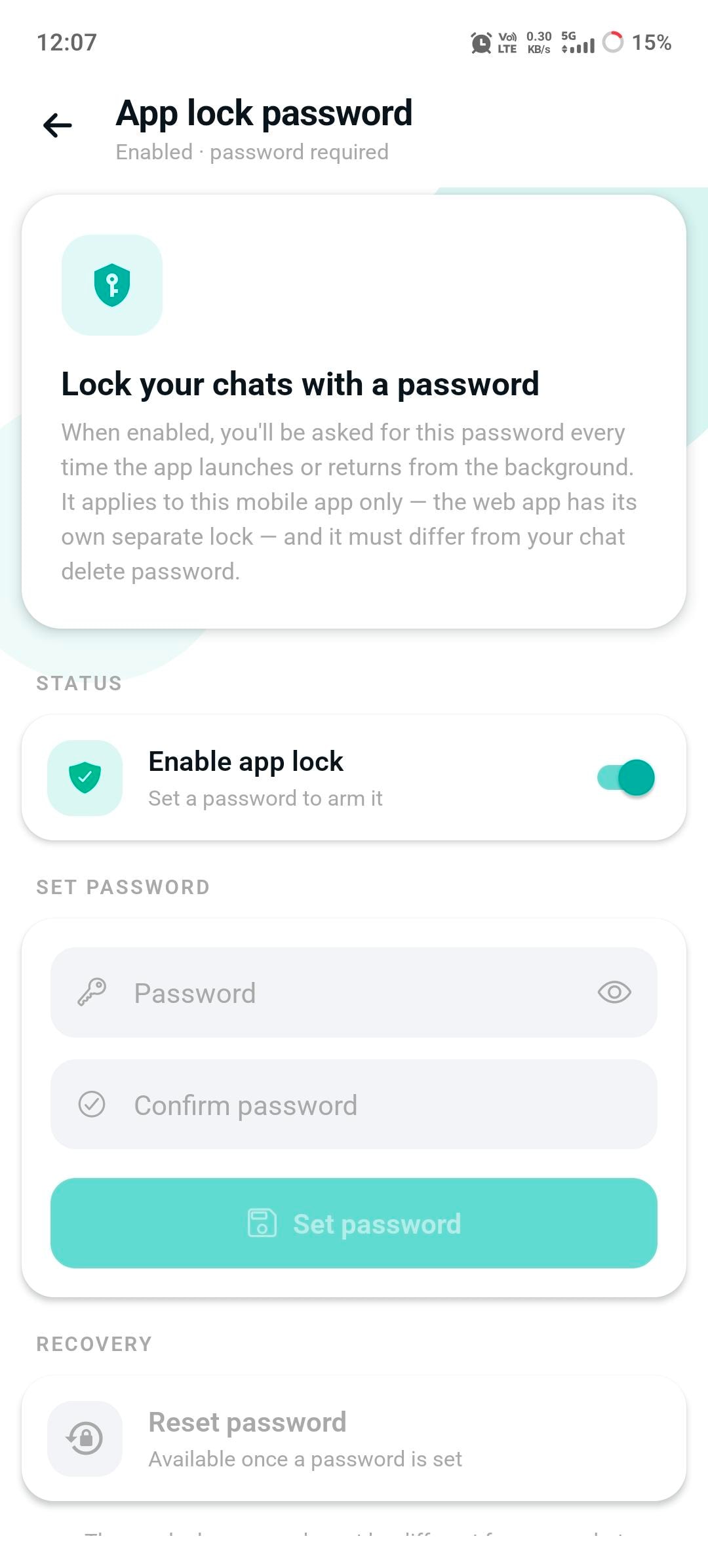 TalksTry app lock screen for setting a password that protects your chats