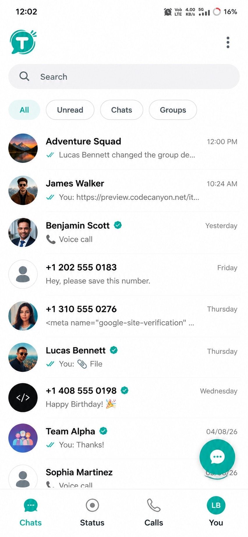 TalksTry chat list showing recent one-to-one and group conversations