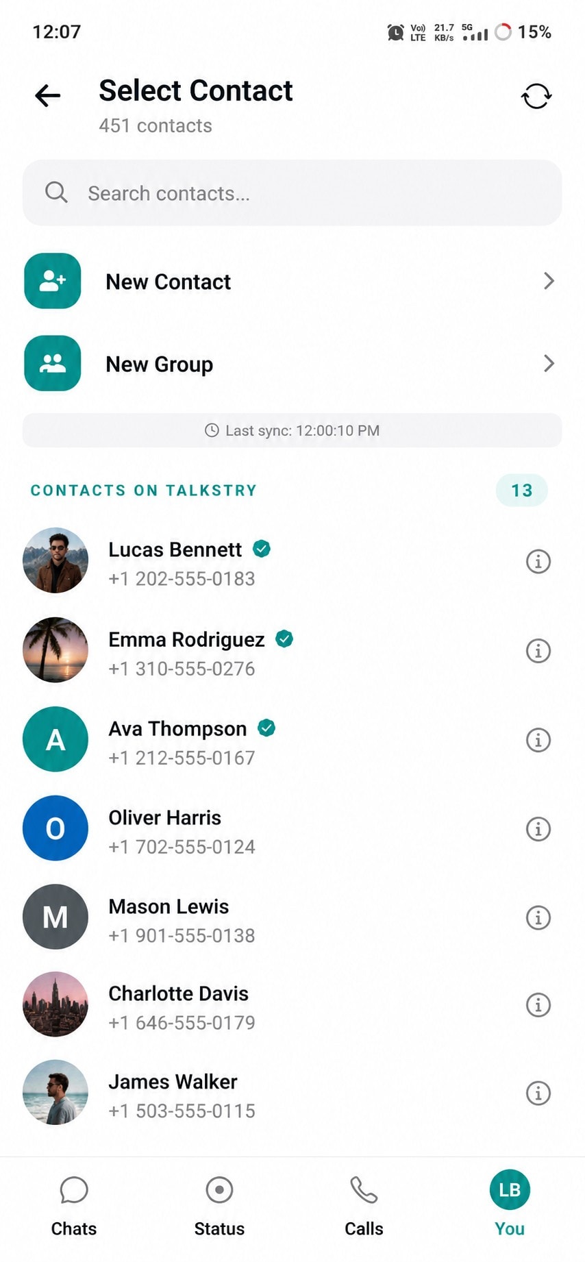 TalksTry mobile app interface displaying select contact screen with a Mobile and Desktop toggle above.