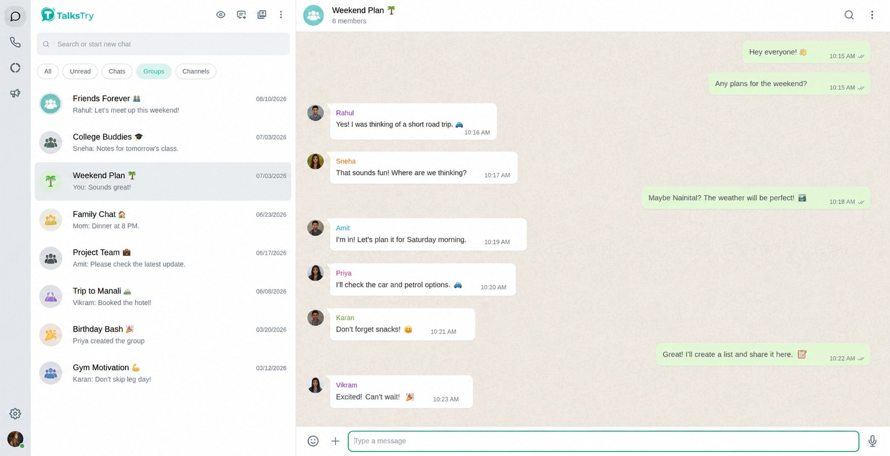 A TalksTry group chat called Weekend Plan, open on desktop