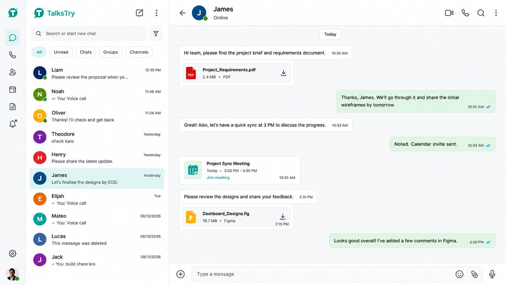 TalksTry web and desktop app interface showing chat lists, conversations, and document sharing.