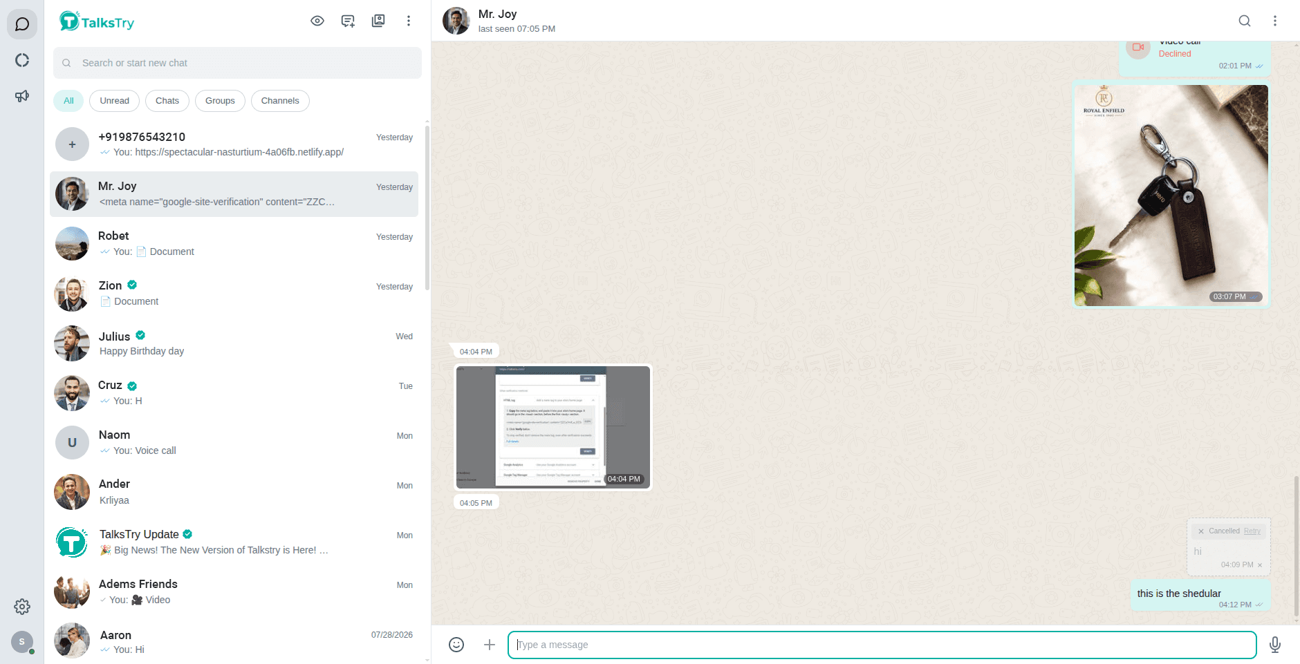 TalksTry chat list and an open conversation on desktop