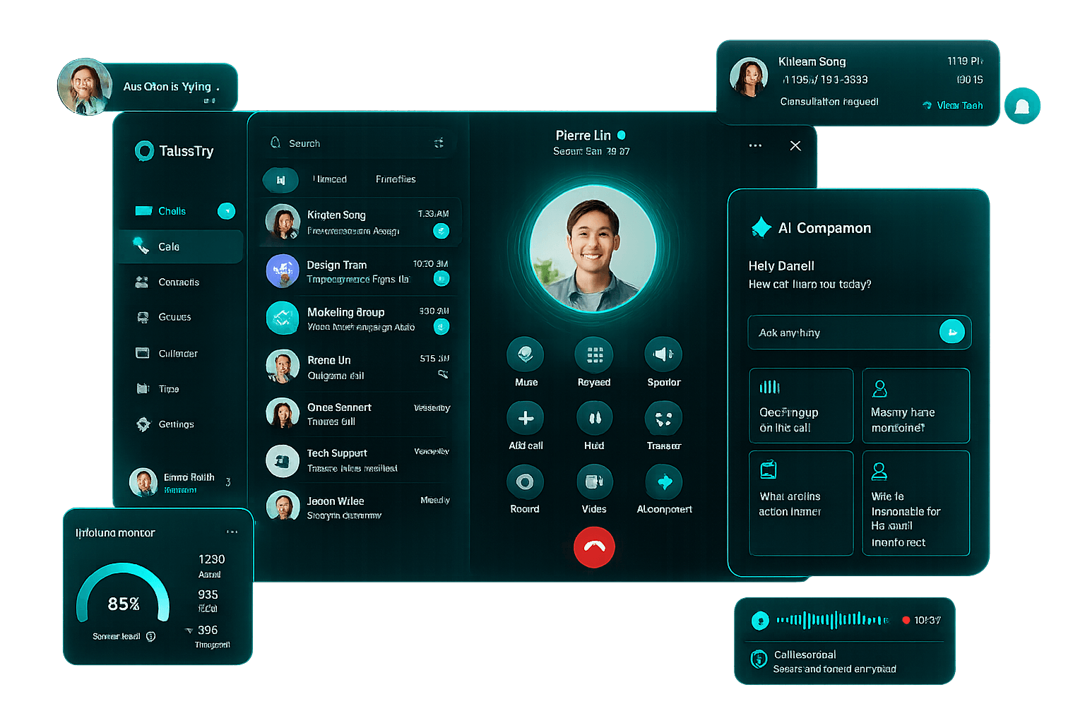 TalksTry call screen showing an active call, recent call history, and an AI assist panel