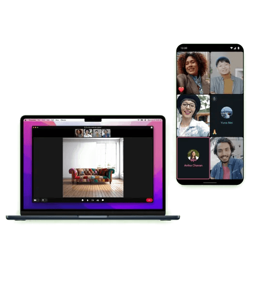 A TalksTry group video call open on both a laptop and a phone at once