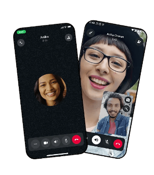 Two phones side by side, one on a TalksTry voice call and one on a video call