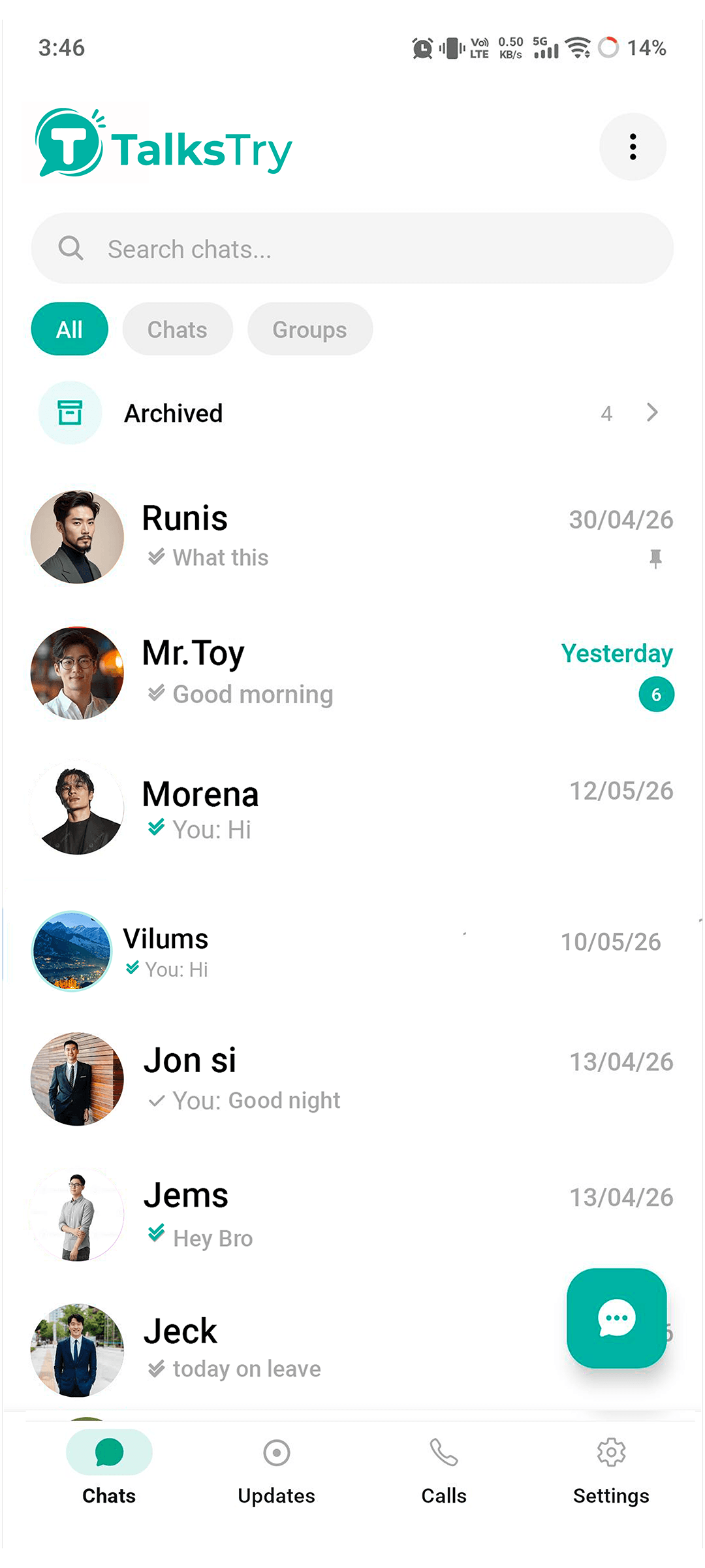 TalksTry chat list showing individual conversations