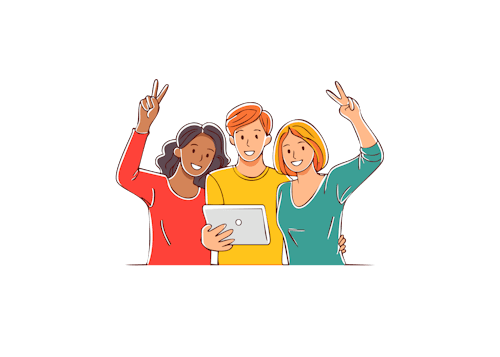 Three friends on a video call together from a tablet