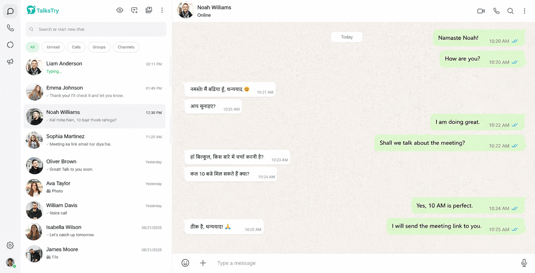 TalksTry conversation with Noah Williams, incoming messages automatically translated into Hindi