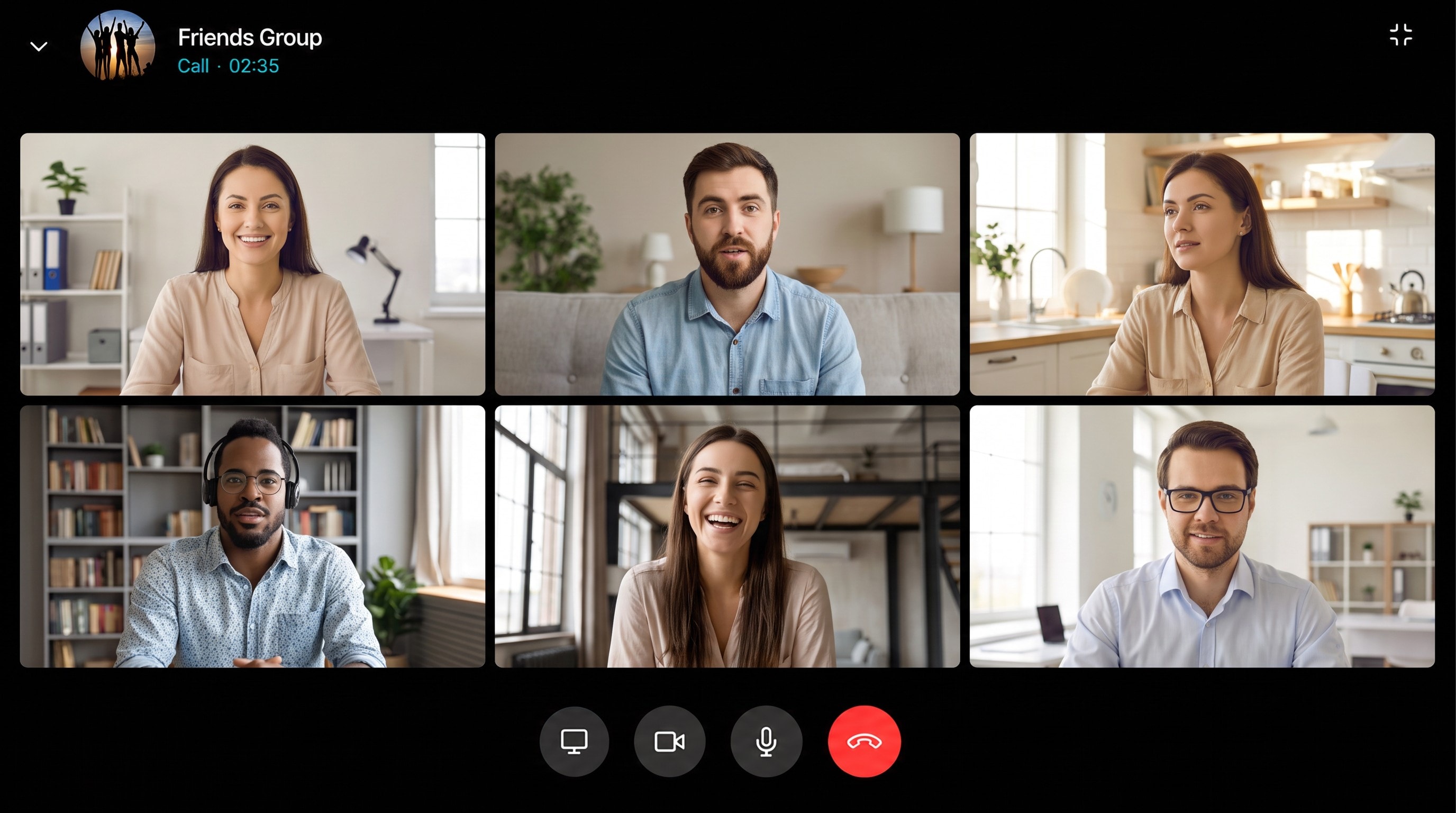 A six-person TalksTry group video call open on desktop